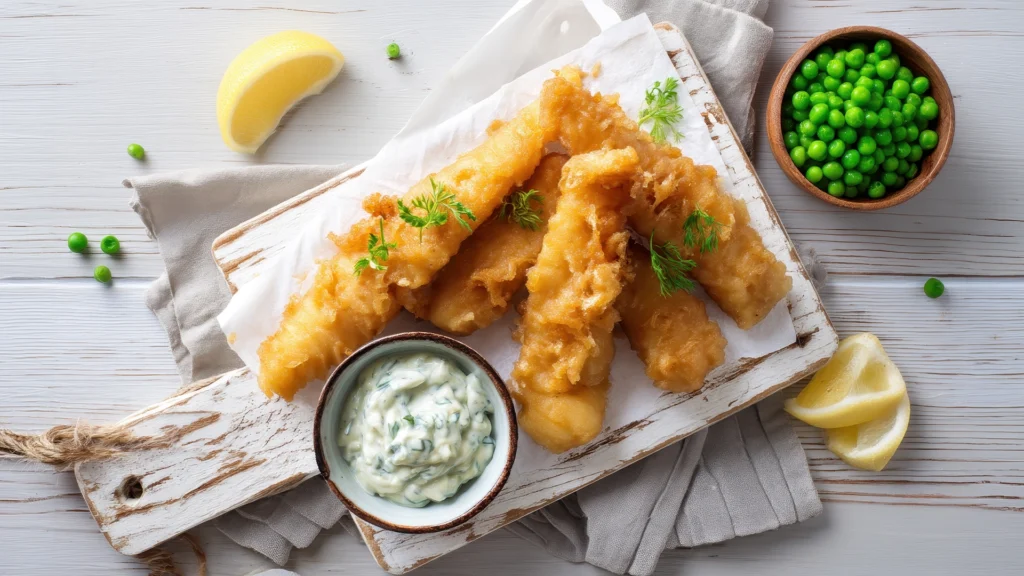 Fingers Μπακαλιάρου με πουρέ αρακά και σάλτσα ταρτάρ